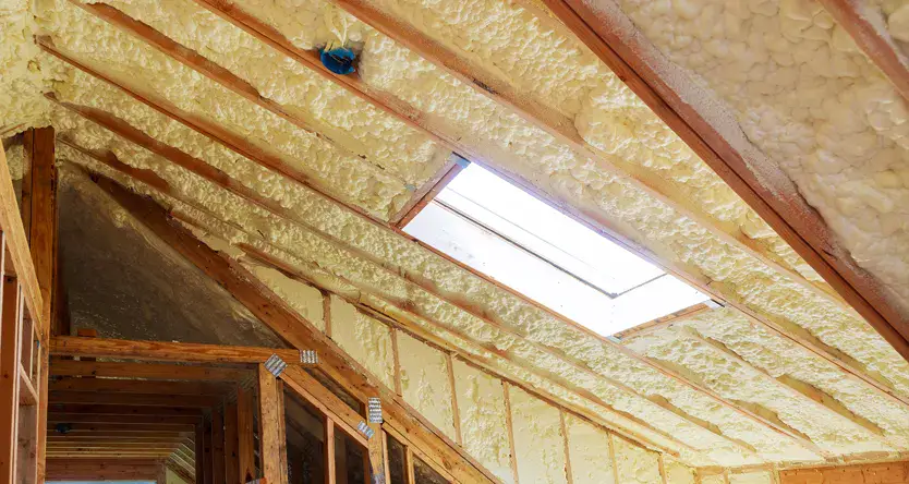 Spray foam insulation between the rafters of a roof, around a roof window